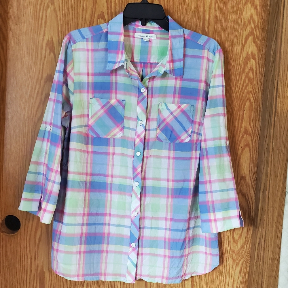 Studio Works pastel plaid buttoned shirt